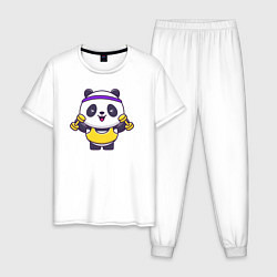 Пижама хлопковая мужская Панда с гантелями, цвет: белый