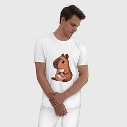 Пижама хлопковая мужская Капибара с печенькой в виде сердца, цвет: белый — фото 2