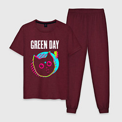 Пижама хлопковая мужская Green Day rock star cat, цвет: меланж-бордовый