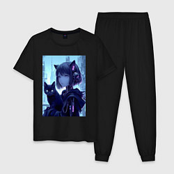 Пижама хлопковая мужская Девчонка кошка с котёнком - нейросеть, цвет: черный