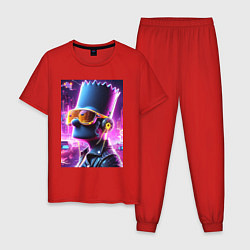 Пижама хлопковая мужская Неоновый Барт Симпсон - киберпанк, цвет: красный