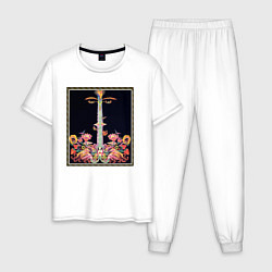 Пижама хлопковая мужская Абстракные лица, цветы и ноты, цвет: белый