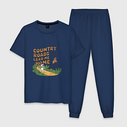 Пижама хлопковая мужская Country roads lead me home, цвет: тёмно-синий