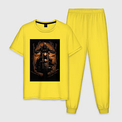 Пижама хлопковая мужская Скелет едет на старом мотоцикле, цвет: желтый