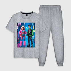 Пижама хлопковая мужская Барби и Кен в ночном городе - нейросеть, цвет: меланж