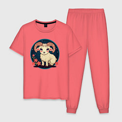 Пижама хлопковая мужская Барашек знак зодиака Овен на фоне цветов, цвет: коралловый