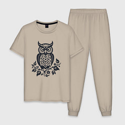 Пижама хлопковая мужская Силуэт совы, цвет: миндальный