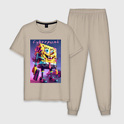 Пижама хлопковая мужская Sponge Bob with a pistol - cyberpunk ai art, цвет: миндальный