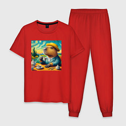 Пижама хлопковая мужская Забавная капибара в шляпе и костюме пьет чай в сти, цвет: красный