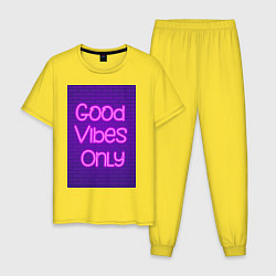 Пижама хлопковая мужская Неоновая надпись good vibes only и кирпичная стена, цвет: желтый