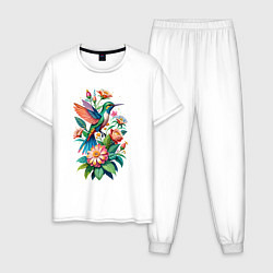 Пижама хлопковая мужская Колибри среди цветов, цвет: белый