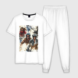 Пижама хлопковая мужская Мотокросс -акварель, цвет: белый