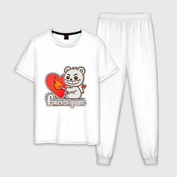 Пижама хлопковая мужская Медведь хулиган с сердцем и спичкой, цвет: белый