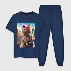 Пижама хлопковая мужская Funny cat punk from New York - ai art, цвет: тёмно-синий