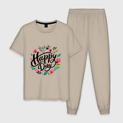 Пижама хлопковая мужская Happy day с цветами, цвет: миндальный