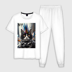 Пижама хлопковая мужская Кот панк с разноцветным хаером - Нью-Йорк, цвет: белый