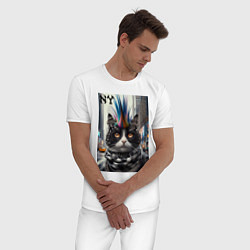 Пижама хлопковая мужская Кот панк с разноцветным хаером - Нью-Йорк, цвет: белый — фото 2