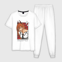 Пижама хлопковая мужская Человек-бензопила Пауэр с рогами, цвет: белый