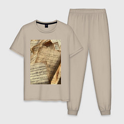 Пижама хлопковая мужская Листы с нотами, цвет: миндальный
