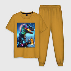 Пижама хлопковая мужская Крутой неоновый пивозавр в мегаполисе - киберпанк, цвет: горчичный