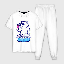 Пижама хлопковая мужская Мишка с мороженым, цвет: белый