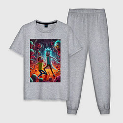 Пижама хлопковая мужская Рик и Морти оказались в аду - неоновое свечение, цвет: меланж