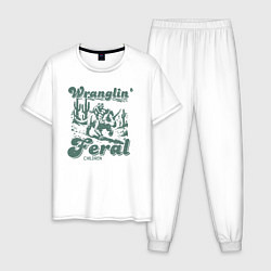 Пижама хлопковая мужская Управляю дикими детьми - енот на динозавре, цвет: белый