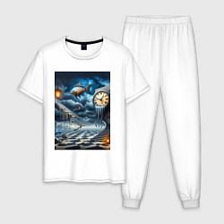 Пижама хлопковая мужская Психоделический пейзаж с часами и рыбой, цвет: белый
