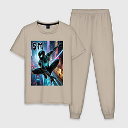 Пижама хлопковая мужская Neon Spider-man - ai art fantasy, цвет: миндальный