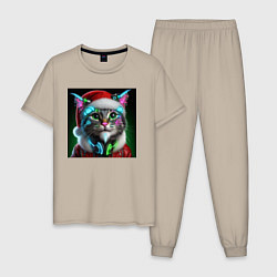 Пижама хлопковая мужская Новогодний кибер котик - нейроарт, цвет: миндальный