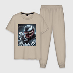 Пижама хлопковая мужская Venom and funny kitten - ai art fantasy, цвет: миндальный