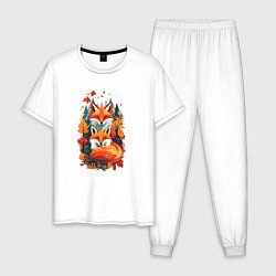 Пижама хлопковая мужская Лисы и осенний пейзаж, цвет: белый