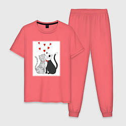 Пижама хлопковая мужская Любовь хвостатых, цвет: коралловый