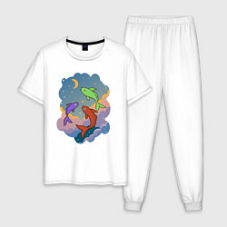 Пижама хлопковая мужская Рыбы, летающие в небе, цвет: белый