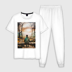 Пижама хлопковая мужская Мальчик на скамейке, цвет: белый