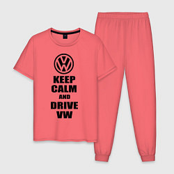Пижама хлопковая мужская Keep Calm & Drive VW, цвет: коралловый