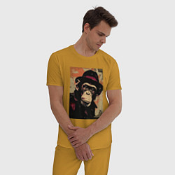 Пижама хлопковая мужская Обезьянка детектив в шляпе, цвет: горчичный — фото 2