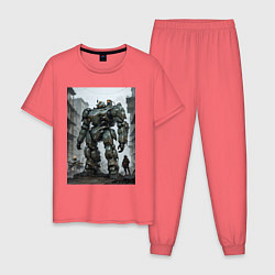 Пижама хлопковая мужская Конвой роботов в городе, цвет: коралловый