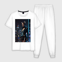 Пижама хлопковая мужская Девушка с кошачьими ушами стоит на фоне небоскребо, цвет: белый