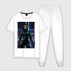 Пижама хлопковая мужская Девушка с кошачьими ушами стоит на фоне небоскребо, цвет: белый