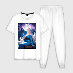 Пижама хлопковая мужская Лисица в кимоно любуется цветением глицинии, цвет: белый