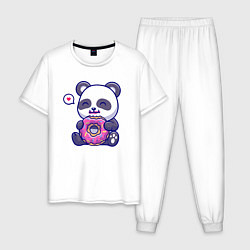 Пижама хлопковая мужская Панда ест пончик, цвет: белый