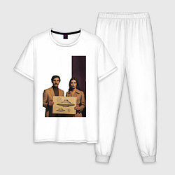 Пижама хлопковая мужская Мужчина и женщина с чертежом НЛО ретро поп-арт 197, цвет: белый