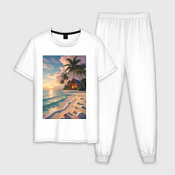 Пижама хлопковая мужская Вилла на берегу океана, цвет: белый
