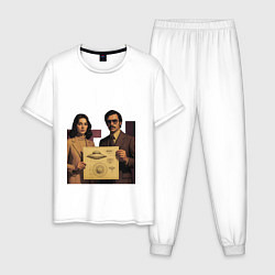 Пижама хлопковая мужская Мужчина и девушка с чертежом НЛО ретрофутуризм поп, цвет: белый