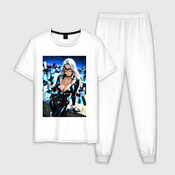 Пижама хлопковая мужская Черная кошка с брилиантом на крыше здания, цвет: белый