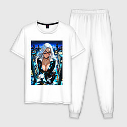 Пижама хлопковая мужская Черная кошка на крыше, цвет: белый