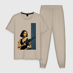 Пижама хлопковая мужская Девушка и автомат ретрофутуризм поп-арт 1970-е, цвет: миндальный