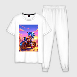 Пижама хлопковая мужская Ёж Соник на ржавом ретро мотоцикле в пустыне, цвет: белый
