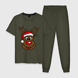 Пижама хлопковая мужская Рождественский олень, цвет: меланж-хаки